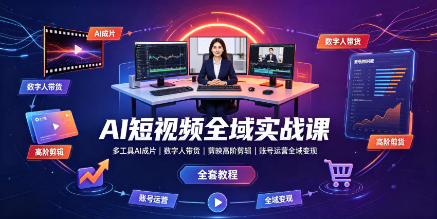 AI短视频全域实战课｜多工具AI成片、数字人带货、剪映高阶剪辑、账号运营全域变现全套教程-MFXUI中国站