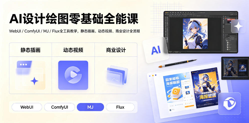 AI设计绘图零基础全能课｜WebUI/ComfyUI/MJ/Flux全工具教学，静态插画、动态视频、商业设计全流程-MFXUI中国站