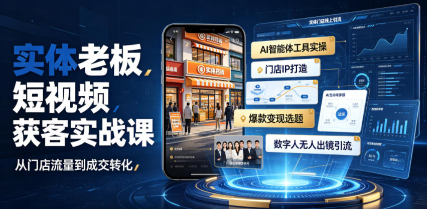 实体老板短视频获客实战课|AI智能体工具全套实操、门店IP打造、爆款变现选题、数字人无人出镜引流完整教程-MFXUI中国站