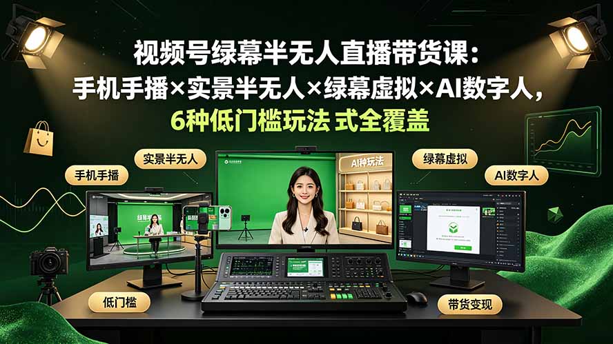 视频号绿幕半无人直播带货课:手机手播×实景半无人×绿幕虚拟×AI数字人,6种低门槛玩法全覆盖-MFXUI中国站