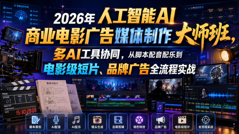 2026年人工智能AI商业电影广告媒体制作大师班,多AI工具协同,从脚本配音配乐到电影级短片、品牌广告全流程实战(中英字幕)-MFXUI中国站
