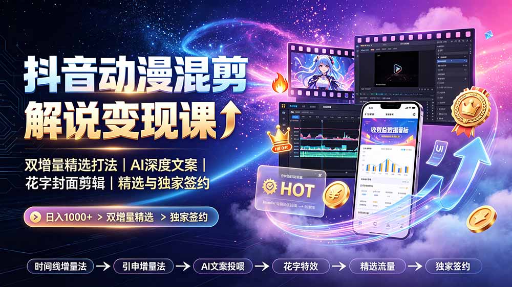 抖音动漫混剪解说变现课:双增量精选打法|AI深度文案|花字封面剪辑| 精选与独家签约日入1000+-MFXUI中国站