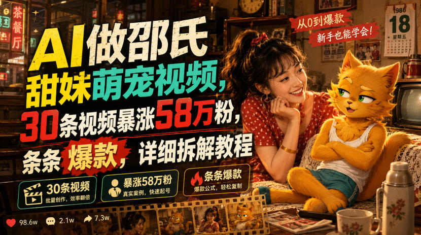 AI做邵氏甜妹萌宠视频，30条视频暴涨58万粉，条条爆款，详细拆解教程-MFXUI中国站