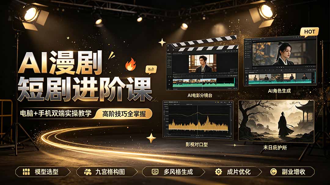 AI漫剧短剧进阶课|电脑+手机双端实操教学|影视剧对口型人物吃瓜×解压末日庇护所全程讲解,高阶技巧全掌握-MFXUI中国站