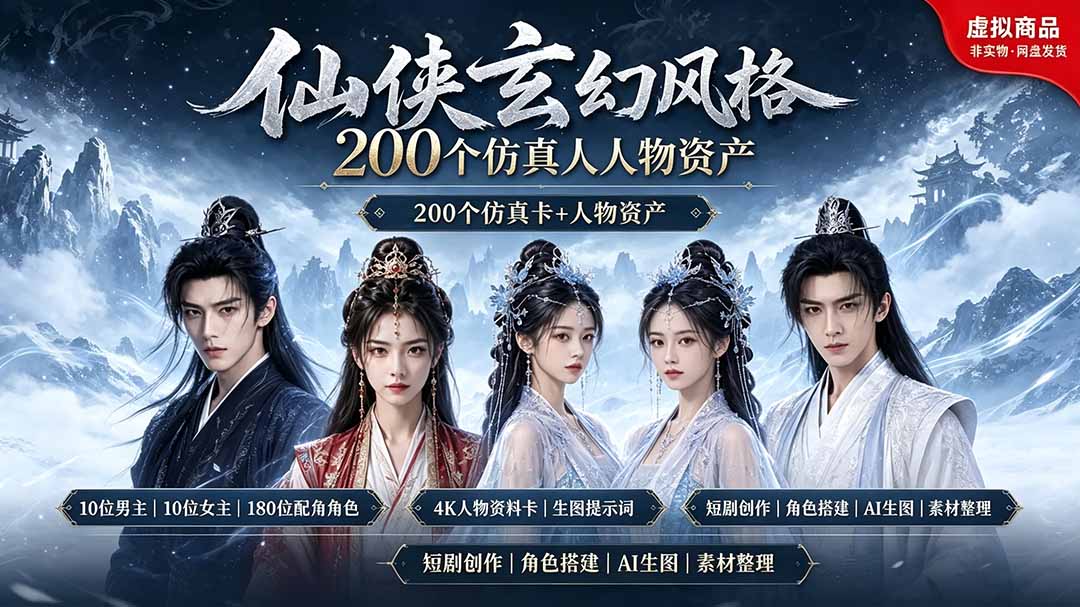 200个仙侠玄幻仿真人素材◆10男主×10女主×180配角,4K资料卡+AI生图提示词,漫剧必备-MFXUI中国站