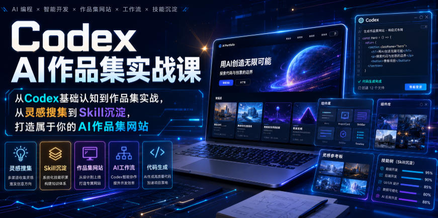 Codex AI作品集实战课,从Codex基础认知到作品集实战,从灵感搜集到Skill沉淀,打造属于你的AI作品集网站-MFXUI中国站