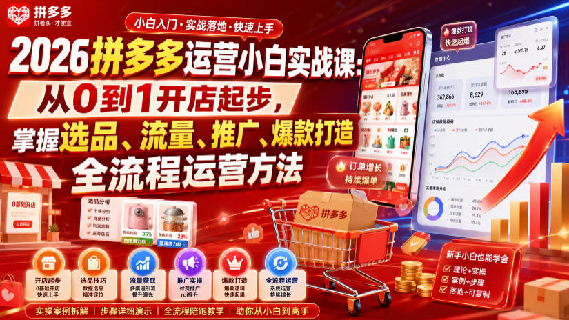 2026拼多多运营小白实战课:从0到1开店起步,掌握选品、流量、推广、爆款打造全流程运营方法-MFXUI中国站