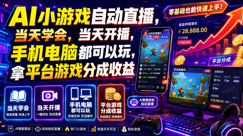 AI小游戏自动直播,当天学会,当天开播,手机电脑都可以玩,拿平台游戏分成收益-MFXUI中国站