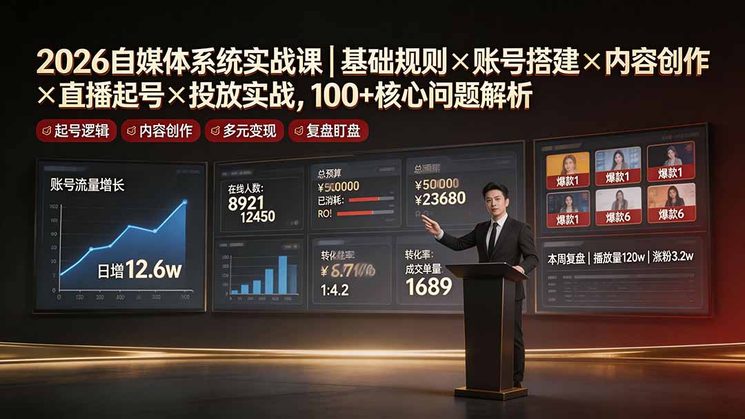2026自媒体系统实战课|基础规则×账号搭建×内容创作×直播起号×投放实战,100+核心问题解析-MFXUI中国站