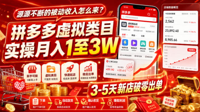 源源不断的被动收入怎么来?拼多多虚拟类目实操月入1至3W,3-5天新店破零出单-MFXUI中国站