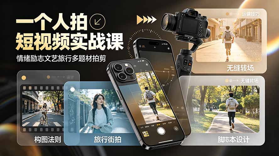 一个人拍短视频实战课:情绪励志文艺旅行多题材×五大景别×黄金构图×八大运镜,从拍摄到成片高效创作-MFXUI中国站