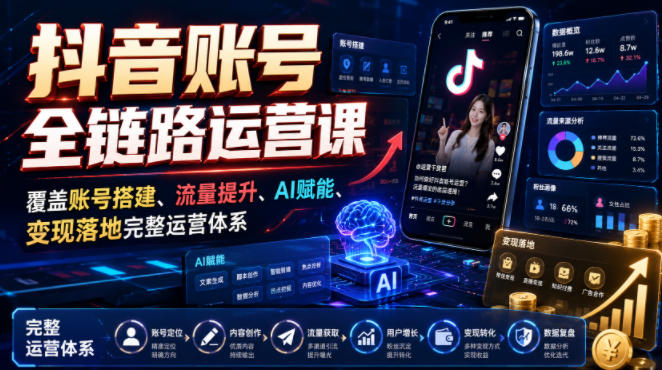 抖音账号全链路运营课，覆盖账号搭建、流量提升、AI赋能、变现落地完整运营体系-MFXUI中国站
