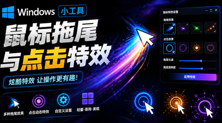 Windows特效小工具!一键给你的鼠标添加拖尾与点击动态特效,吾爱出品,免费使用Mouse Trail-MFXUI中国站