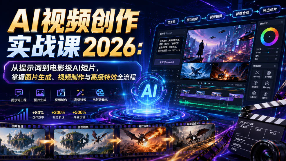 AI视频创作实战课2026:从提示词到电影级AI短片,掌握图片生成、视频制作与高级特效全流程-MFXUI中国站