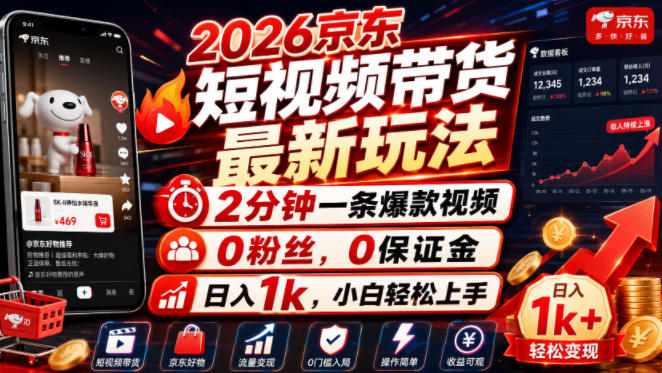 2026京东短视频带货最新玩法,2分钟一条爆款视频,0粉丝,0保证金,日入1k,小白轻松上手【揭秘】-MFXUI中国站