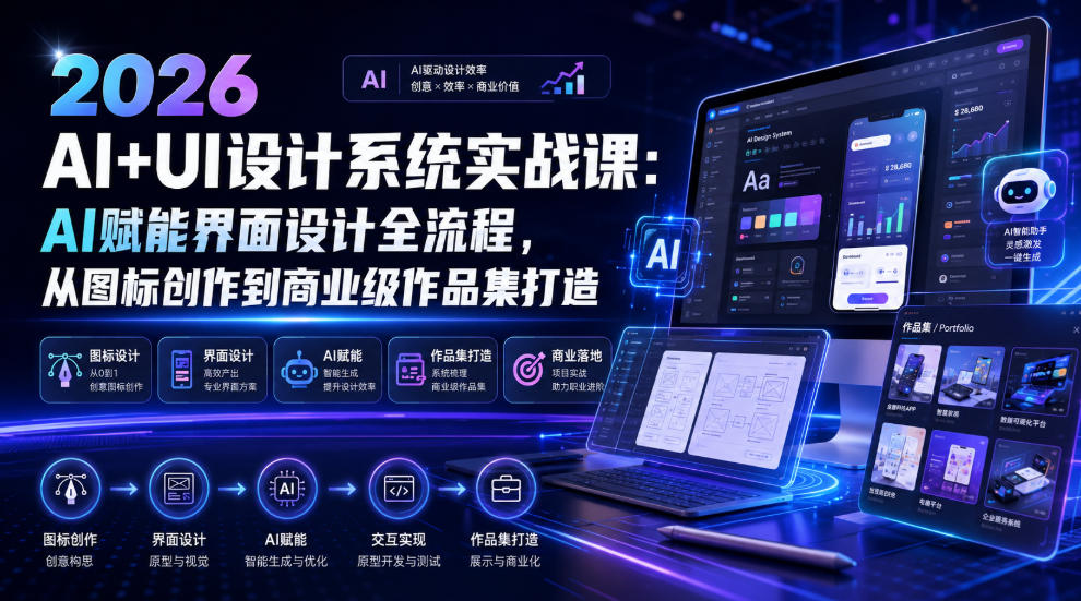 2026 AI+UI设计系统实战课:AI赋能界面设计全流程,从图标创作到商业级作品集打造-MFXUI中国站