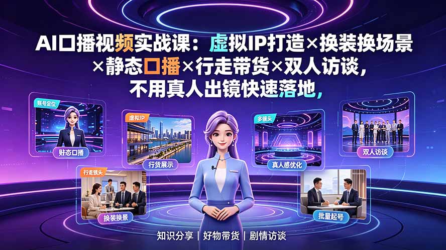 AI口播视频实战课:虚拟IP打造×换装换场景×静态口播×行走带货×双人访谈,不用真人出镜快速落地-MFXUI中国站