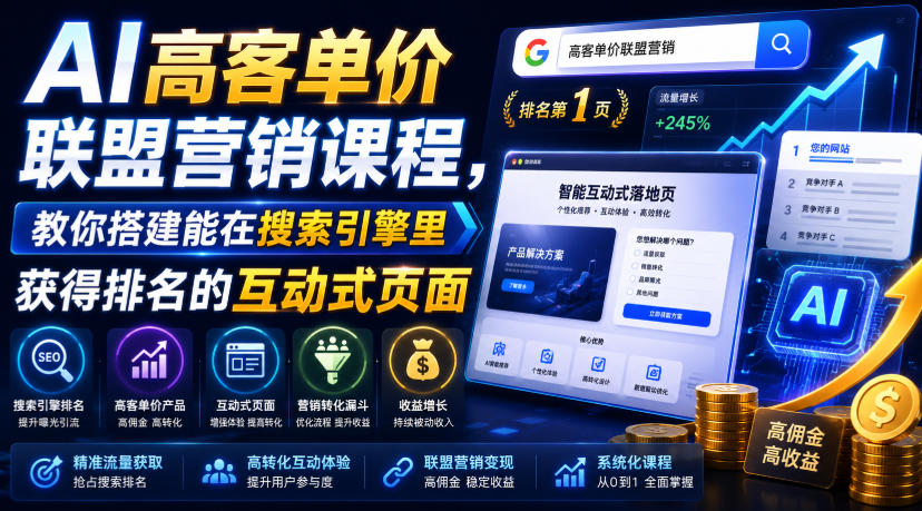 AI高客单价联盟营销课程,教你搭建能在搜索引擎里获得排名的互动式页面,引来流量,把访客转化为高佣金的成交【原创双语字幕】-MFXUI中国站