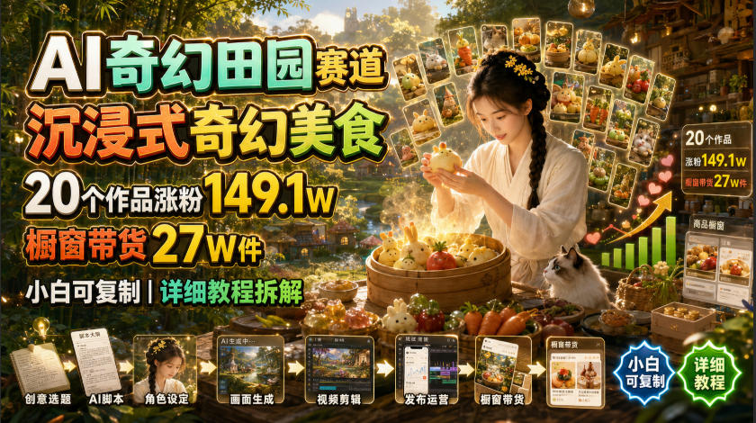 AI奇幻田园赛道,沉浸式奇幻美食,20个作品涨粉149.1W,橱窗带货27W件,小白可复制,详细教程拆解-MFXUI中国站