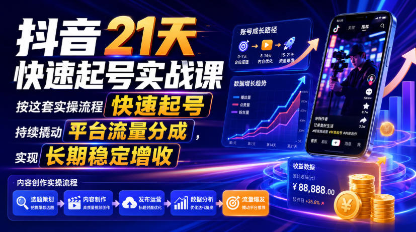 抖音21天快速起号实战课,按这套实操流程快速起号,持续撬动平台流量分成,实现长期稳定增收-MFXUI中国站