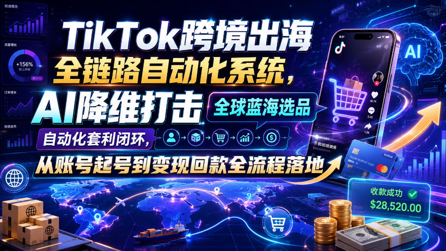 TikTok跨境出海全链路自动化系统,AI降维打击全球蓝海选品自动化套利闭环,从账号起号到变现回款全流程落地(2026年7月)-MFXUI中国站