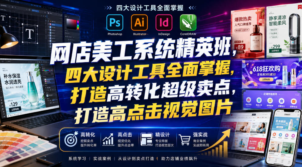 网店美工系统精英班,四大设计工具全面掌握,打造高转化超级卖点,打造高点击视觉图片(2026年7月)-MFXUI中国站