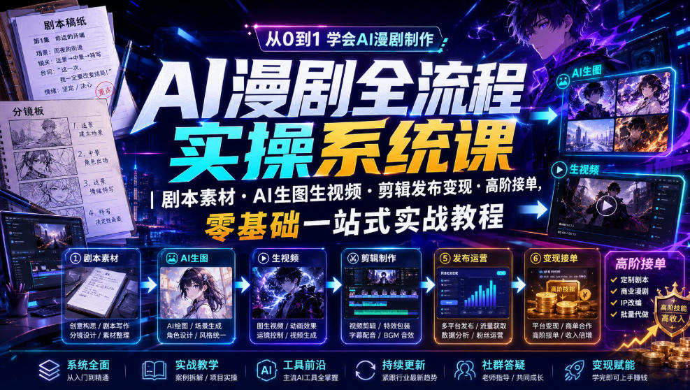 AI漫剧全流程实操系统课|剧本素材・AI生图生视频・剪辑发布变现・高阶接单,零基础一站式实战教程-MFXUI中国站