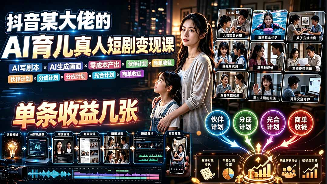 AI育儿真人短剧变现课：AI写剧本×AI生成画面×零成本产出×伙伴计划×分成计划×光合计划×商单收徒-MFXUI中国站