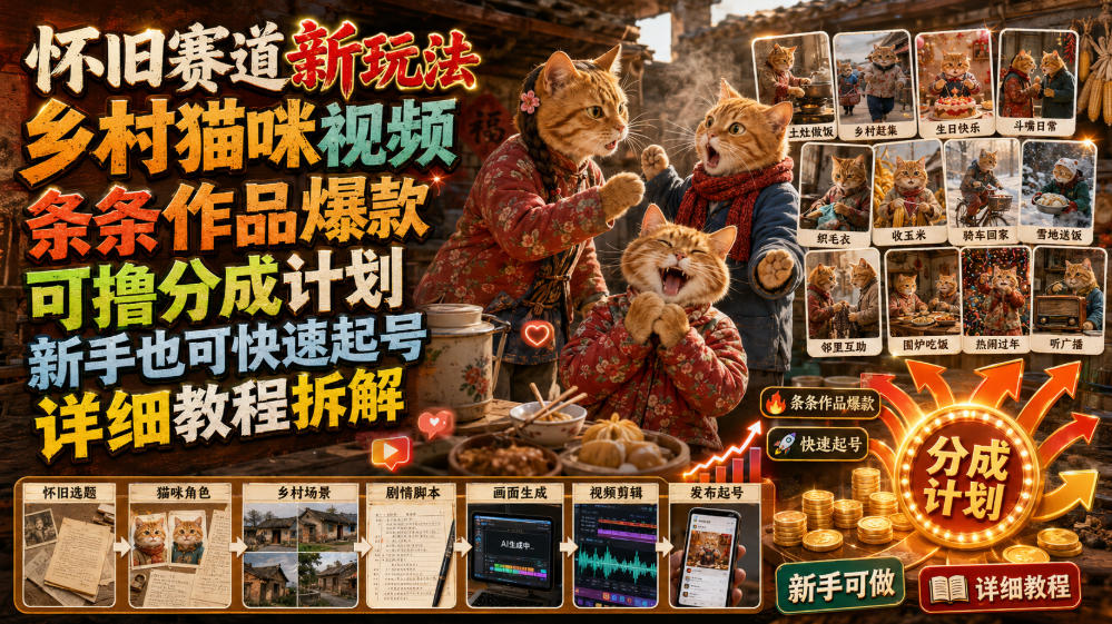 怀旧赛道新玩法,乡村猫咪视频,条条作品爆款,可撸分成计划,新手也可快速起号,详细教程拆解-MFXUI中国站