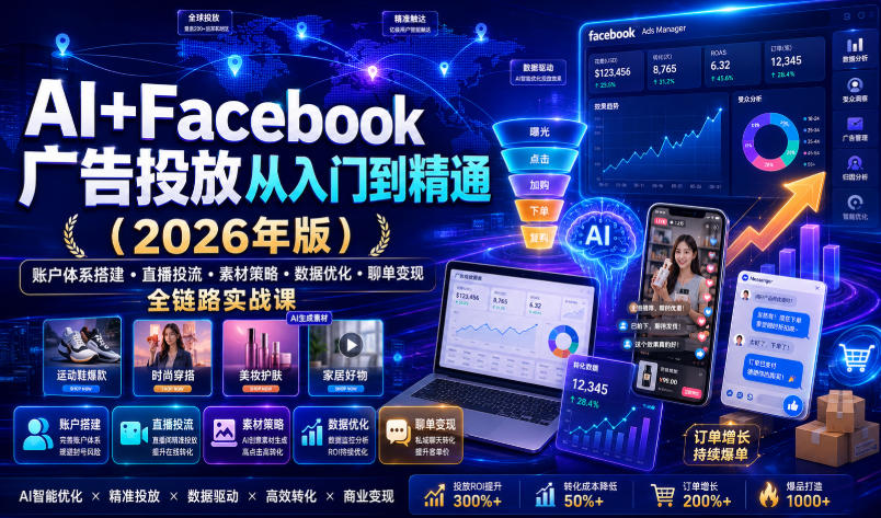 AI+Facebook广告投放从入门到精通(2026年版)|账户体系搭建・直播投流・素材策略・数据优化・聊单变现全链路实战课-MFXUI中国站