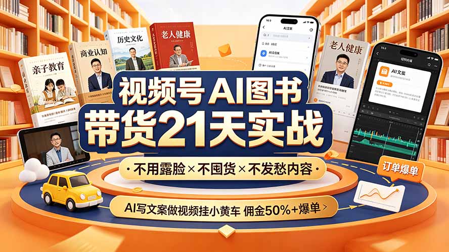 视频号AI图书带货21天实战:不用露脸×不囤货×不发愁内容,AI写文案做视频挂小黄车,佣金50%+爆单-MFXUI中国站