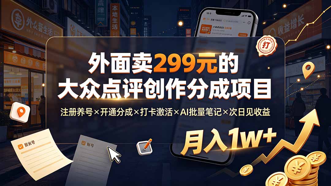 外面卖299元的大众点评创作分成项目：注册养号×开通分成×打卡激活×AI批量笔记×次日见收益，月入1w+-MFXUI中国站