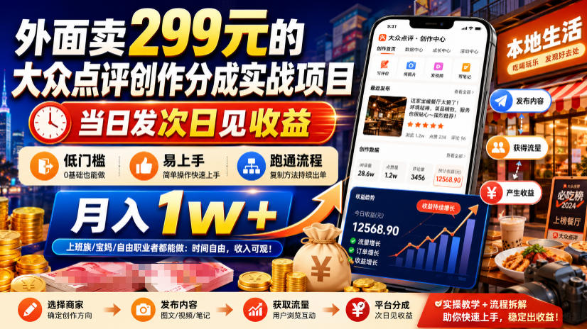 外面卖299元的大众点评创作分成实战项目，当日发次日见收益，低门槛易上手，跑通流程月入1w+-MFXUI中国站