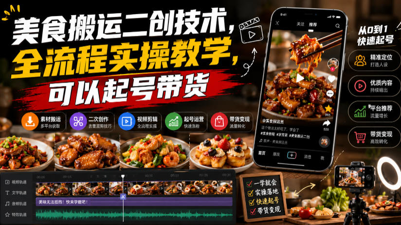 美食搬运二创技术,全流程实操教学,可以起号带货-MFXUI中国站