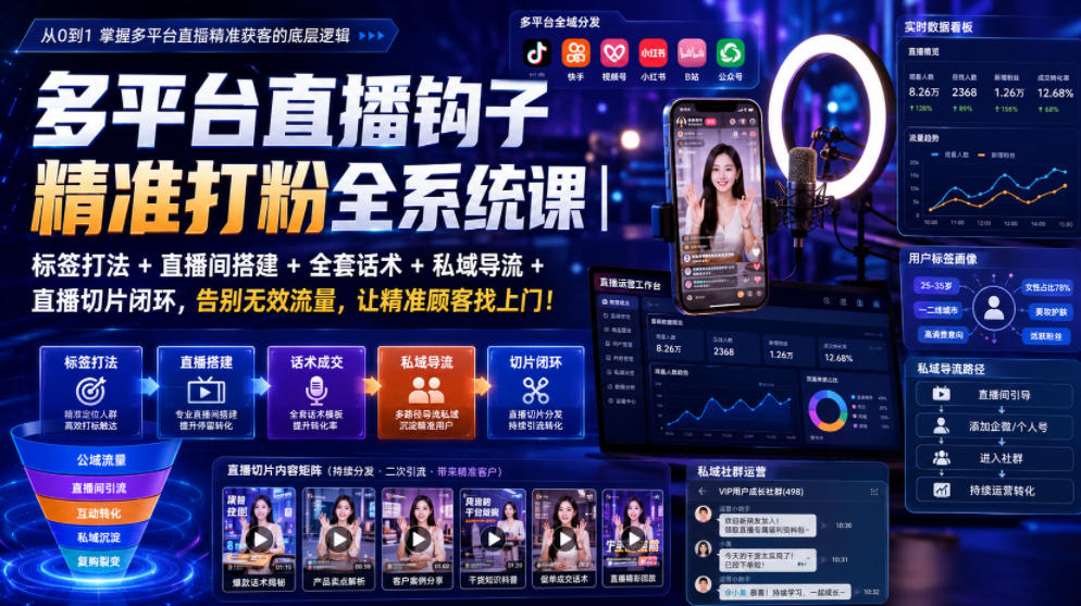 多平台直播钩子精准打粉全系统课|标签打法+直播间搭建+全套话术+私域导流+直播切片闭环,告别无效流量,让精准顾客找上门!-MFXUI中国站