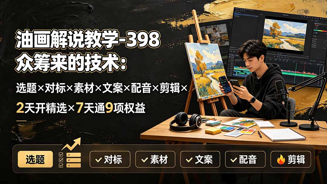 油画解说教学-398众筹来的技术:选题×对标×素材×文案×配音×剪辑×2天开精选×7天通9项权益-MFXUI中国站
