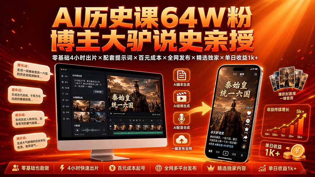 AI历史课64W粉博主大驴说史亲授:零基础4小时出片×配套提示词×百元成本×全网发布×精选独家×单日收益1k+-MFXUI中国站