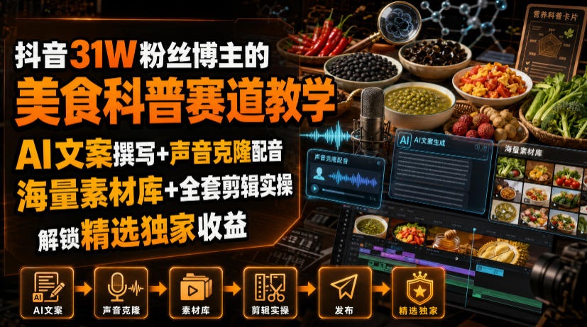 抖音31W粉丝博主的美食科普赛道教学，AI文案撰写+声音克隆配音+剪辑实操，解锁精选独家收益-MFXUI中国站