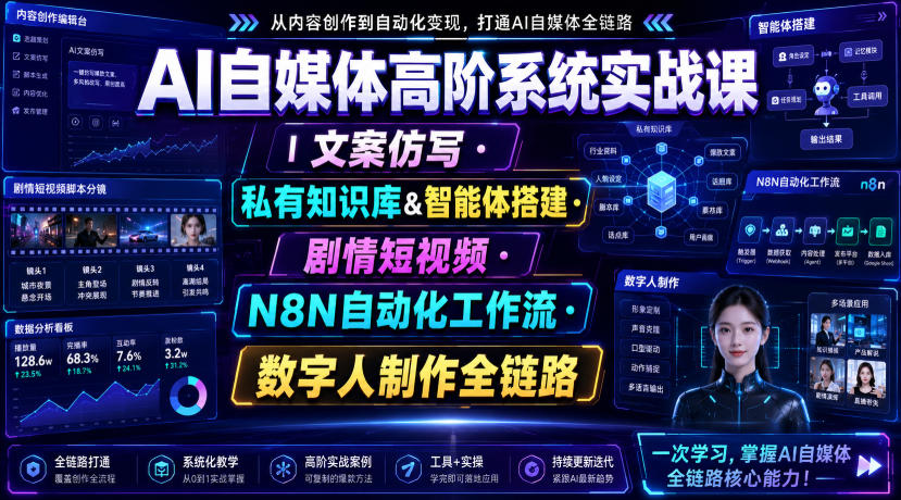 AI自媒体高阶系统实战课|文案仿写・私有知识库&智能体搭建・剧情短视频・N8N自动化工作流・数字人制作全链路-MFXUI中国站