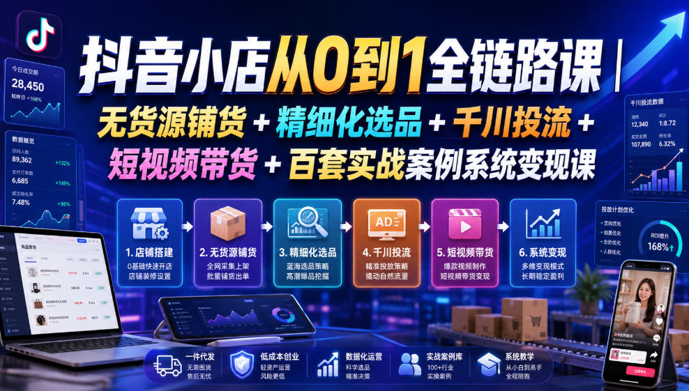 抖音小店从0到1全链路课|无货源铺货+精细化选品+千川投流+短视频带货+百套实战案例系统变现课(2026年7月更新)-MFXUI中国站
