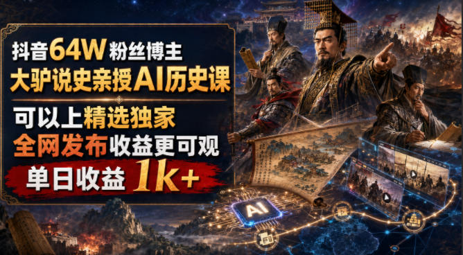 抖音64W粉丝博主大驴说史亲授AI历史课,可以上精选独家,全网发布收益更可观,单日收益1k+-MFXUI中国站