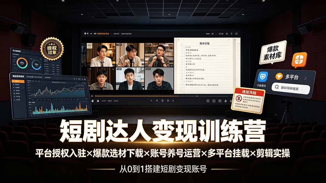 短剧达人变现训练营：平台授权入驻×爆款选材下载×账号养号运营×多平台挂载×剪辑实操×违规处理全流程-MFXUI中国站