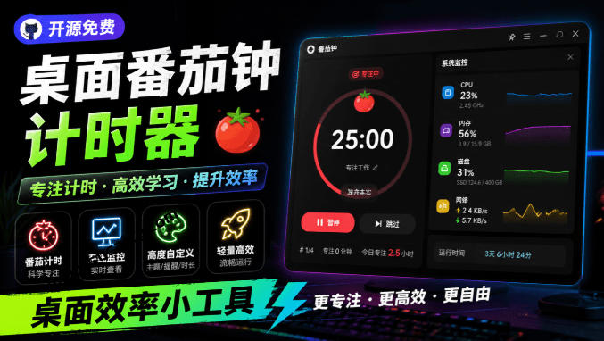 仅1.16MB,开源极简的桌面时钟、番茄钟计时器,还支持系统监控显示,桌面效率小工具Catime-MFXUI中国站