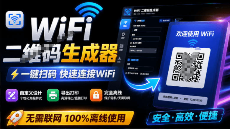完全离线使用!WiFi二维码生成器,一键扫码快速连接WiFi,支持自定义风格导出WiFi二维码生成器-MFXUI中国站