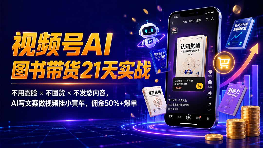 繁花视频号AI图书带货21天实战:不用露脸×不囤货×不发愁内容,AI写文案做视频挂小黄车,佣金50%+爆单-MFXUI中国站