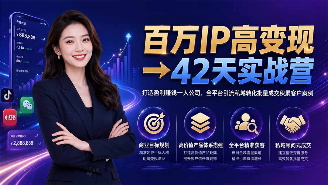 百万IP高变现→42天实战营｜打造盈利赚钱一人公司，全平台引流私域转化批量成交积累客户案例-MFXUI中国站