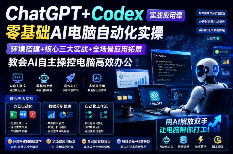 ChatGPT+Codex实战应用课｜零基础AI电脑自动化实操，环境搭建+核心三大实战+全场景应用拓展，教会AI自主操控电脑高效办公-MFXUI中国站