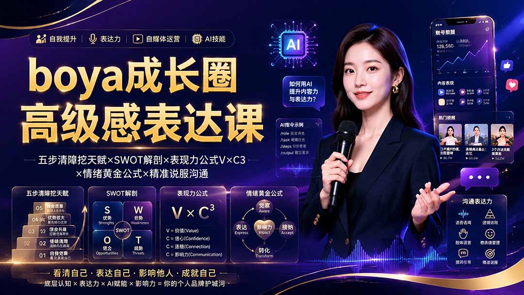 boya成长圈｜内心成长高级表达AI自媒体三合一，消解内耗挖掘天赋，镜头沟通AI指令短视频全流程教学-MFXUI中国站