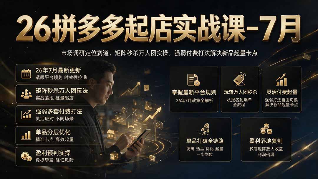 26拼多多起店实战课-7月｜市场调研定位赛道，矩阵秒杀万人团实操，强弱付费打法解决新品起量卡点-MFXUI中国站