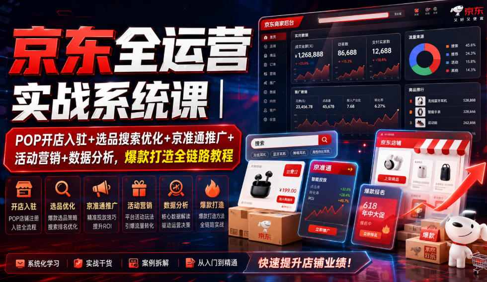京东全运营实战系统课｜POP开店入驻+选品搜索优化+京准通推广+活动营销+数据分析，爆款打造全链路教程-MFXUI中国站